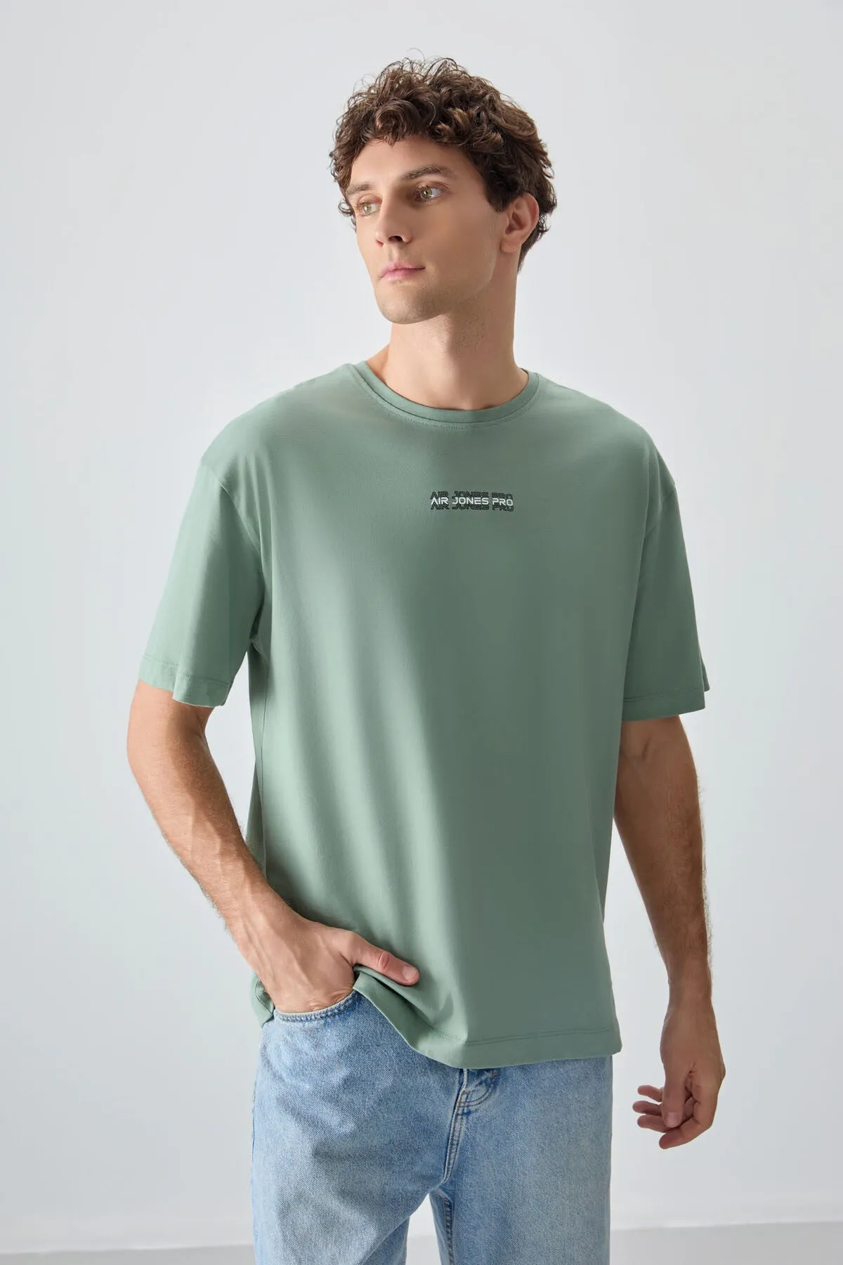 0 pamuk kalin yumuşak dokulu oversize fit baskili erkek t-shirt - 88354