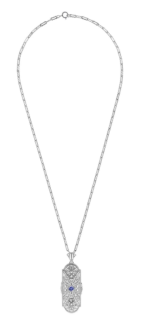 1920's Art Deco Floral Filigree Tanzanite Pendant Necklace in Sterling Silver