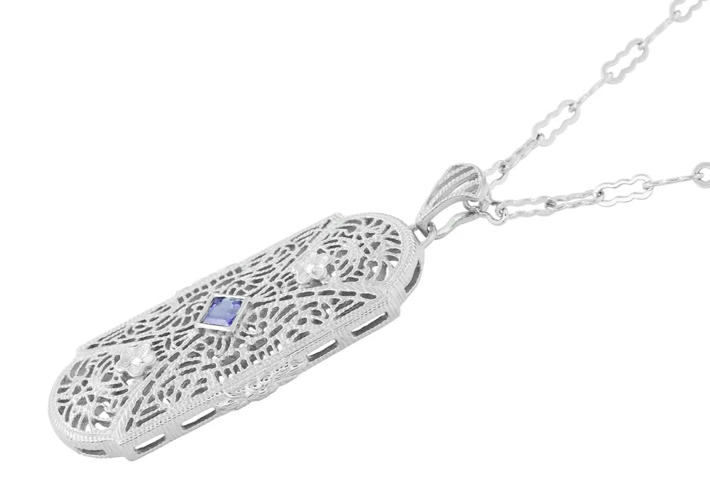 1920's Art Deco Floral Filigree Tanzanite Pendant Necklace in Sterling Silver
