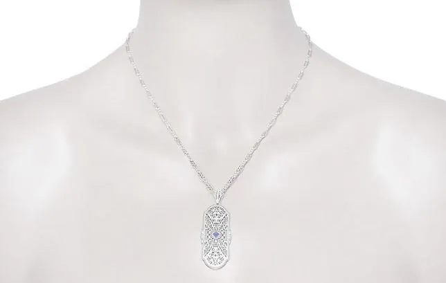 1920's Art Deco Floral Filigree Tanzanite Pendant Necklace in Sterling Silver