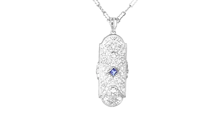 1920's Art Deco Floral Filigree Tanzanite Pendant Necklace in Sterling Silver