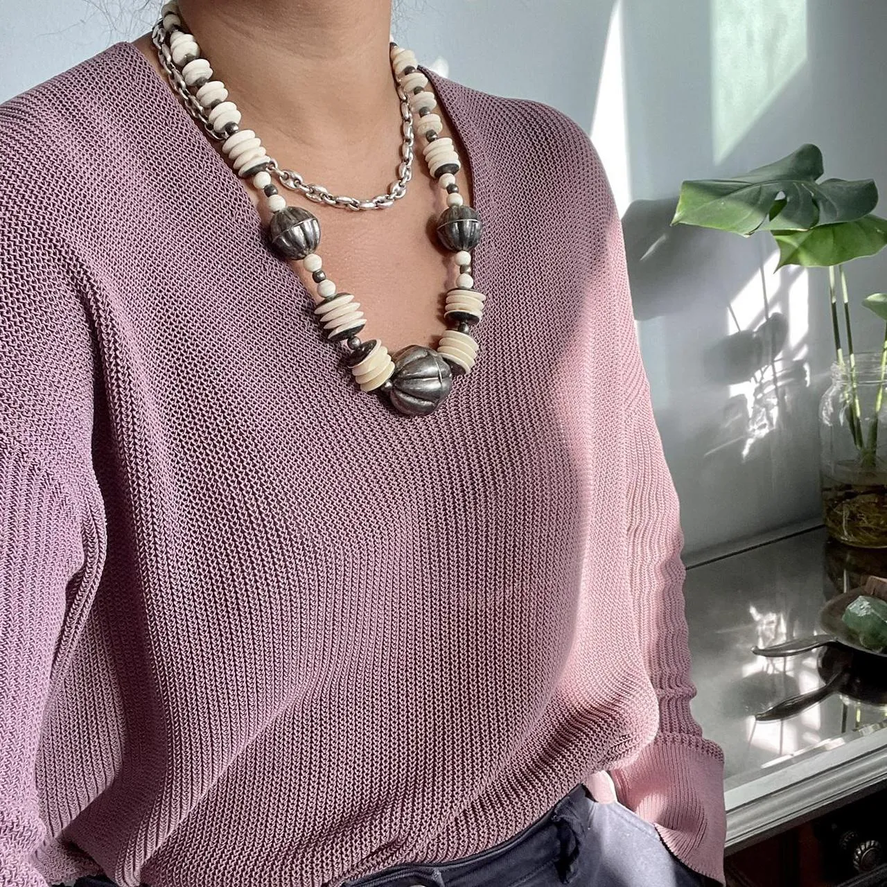 80s Cream Pewter Bauble Necklace