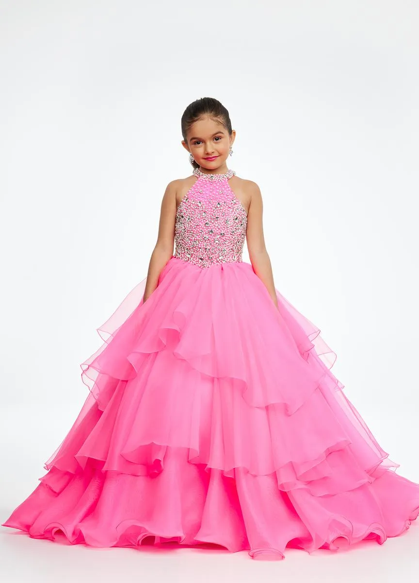 Ashley Lauren Kids 8112 Size 8 Yellow Crystal Ruffle Pageant Dress Girls Ballgown Formal