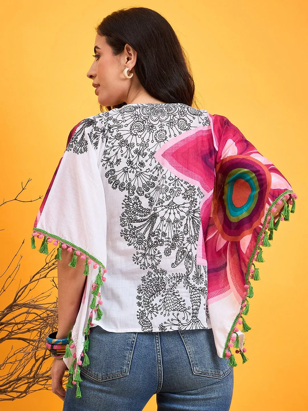 Asymmetrical Doodle White Kaftan Top
