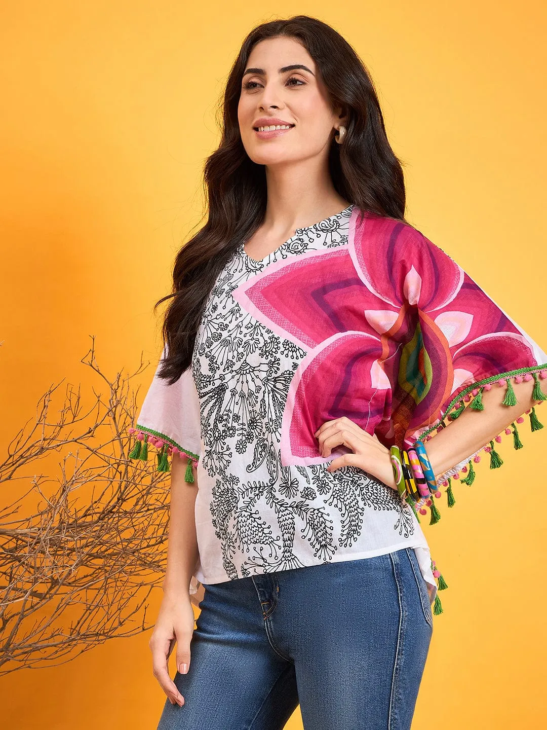 Asymmetrical Doodle White Kaftan Top
