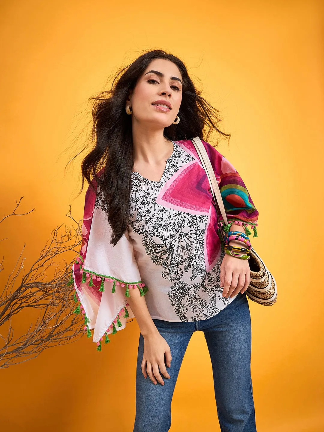 Asymmetrical Doodle White Kaftan Top