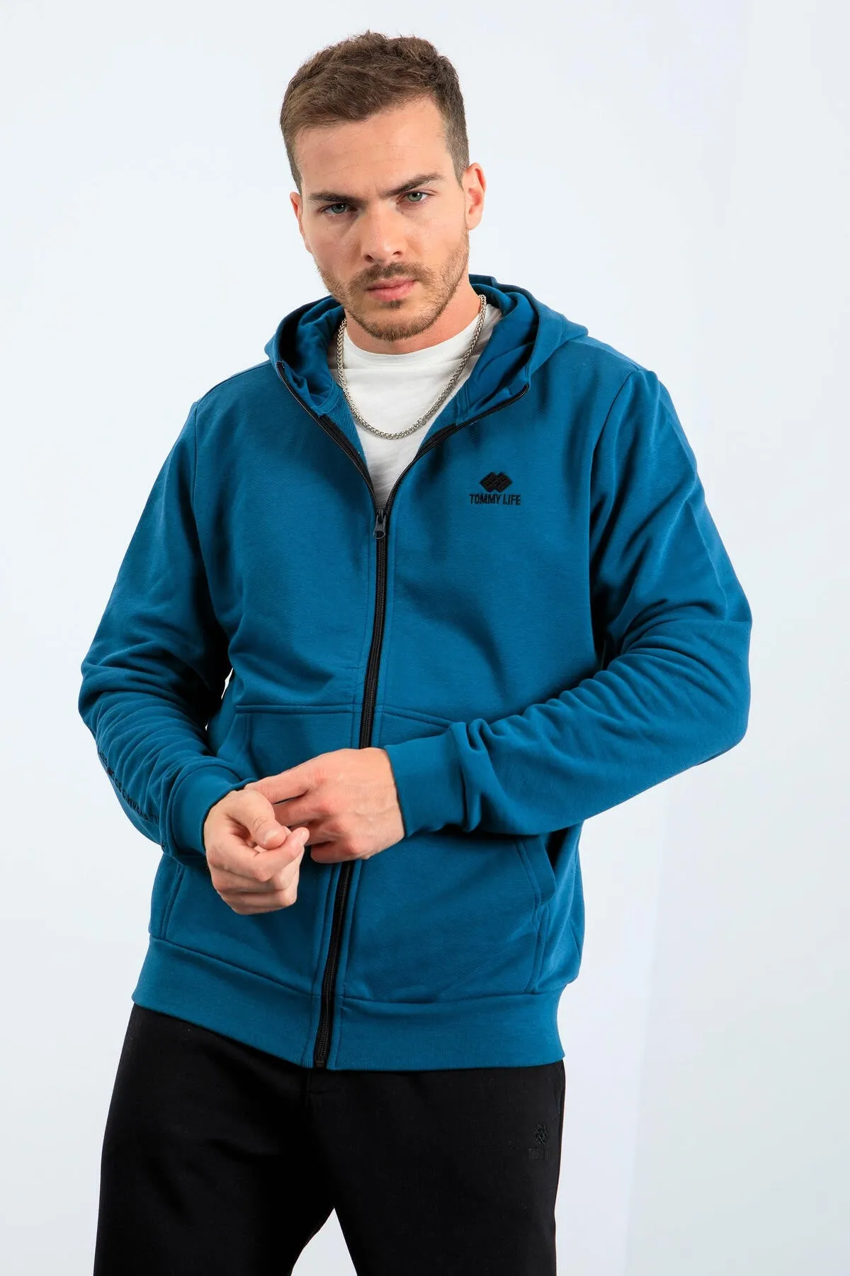 basic kapüşonlu rahat form nakiş detayli fermuarli erkek sweatshirt - 88035