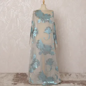 Beige and Blue Somali Silk (Fransawi) Chiffon Dirac Fabric with Metallic Lurex, 3.5 Meters, 140 cm Width-D20874