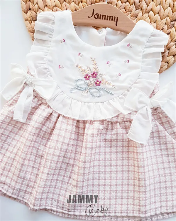 berry flower embroidery robe gingham pattern dress-salmon