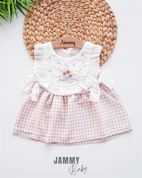berry flower embroidery robe gingham pattern dress-salmon