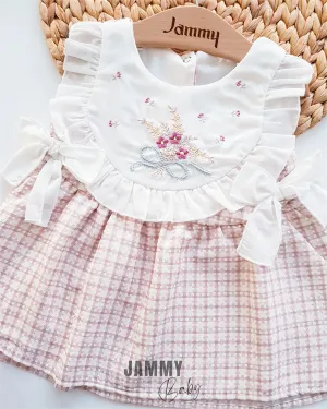 berry flower embroidery robe gingham pattern dress-salmon