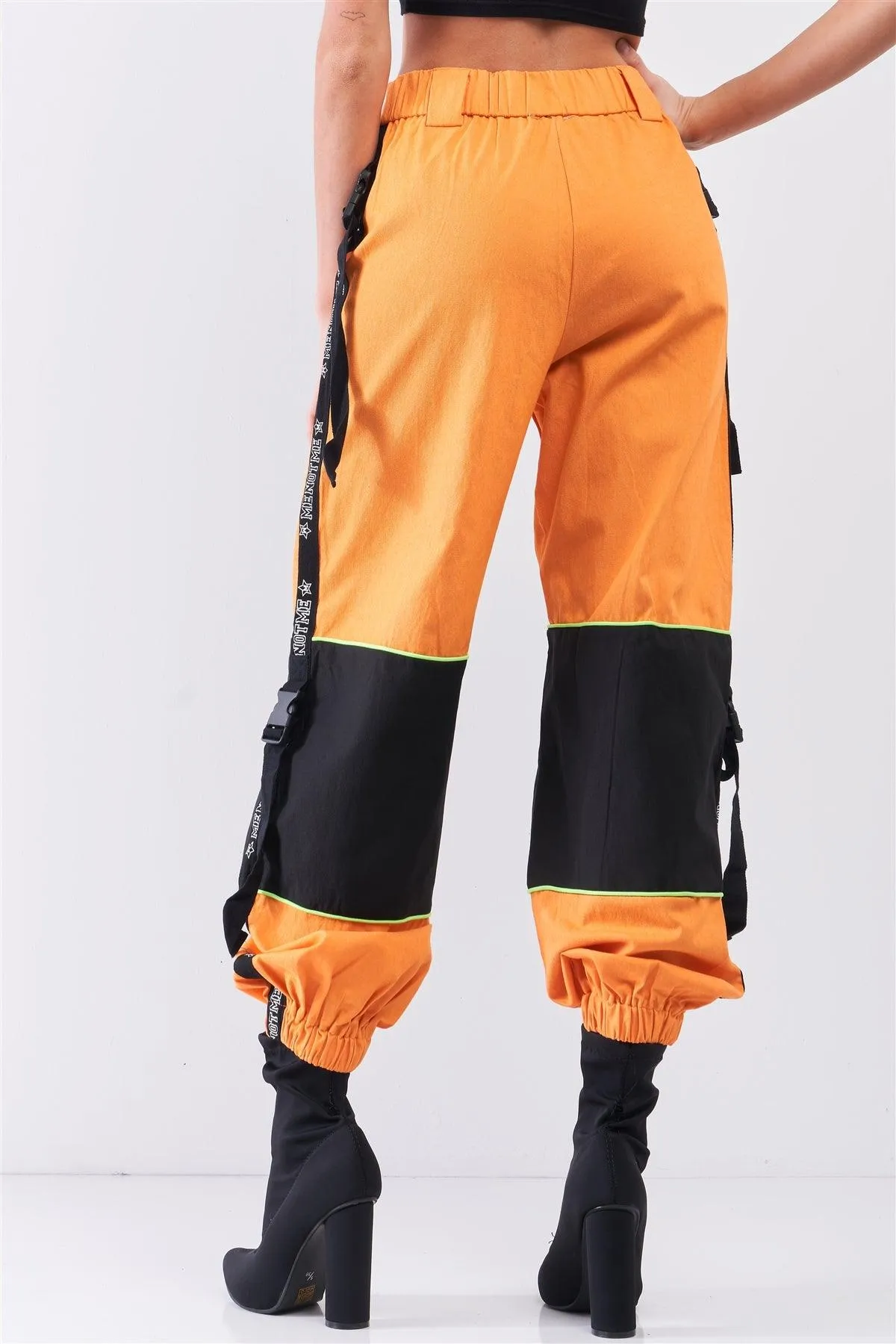 Bright Orange High Waist Print Side Trim Utility Buckle Detail Parachute Racetrack Cargo Pants /2-3-1