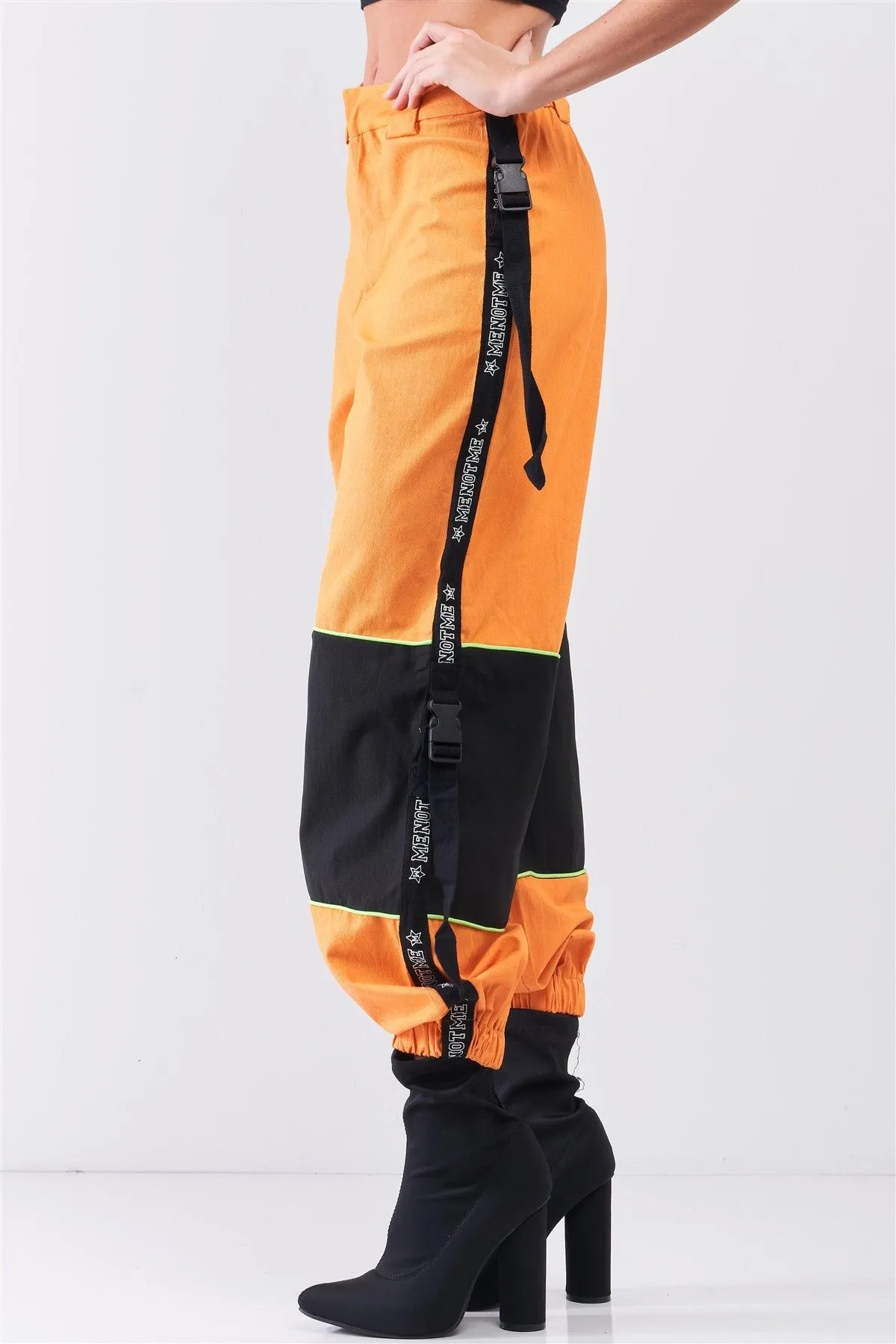 Bright Orange High Waist Print Side Trim Utility Buckle Detail Parachute Racetrack Cargo Pants /2-3-1