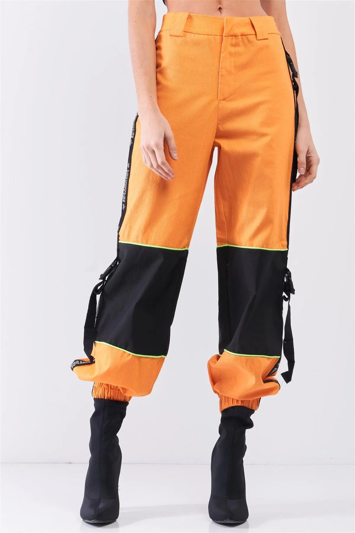 Bright Orange High Waist Print Side Trim Utility Buckle Detail Parachute Racetrack Cargo Pants /2-3-1