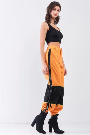 Bright Orange High Waist Print Side Trim Utility Buckle Detail Parachute Racetrack Cargo Pants /2-3-1