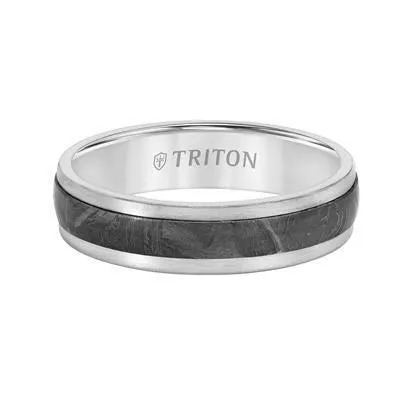 CASPIAN Step Edge Meteorite Top Contemporary 14K White Gold Wedding Band - 5.5mm