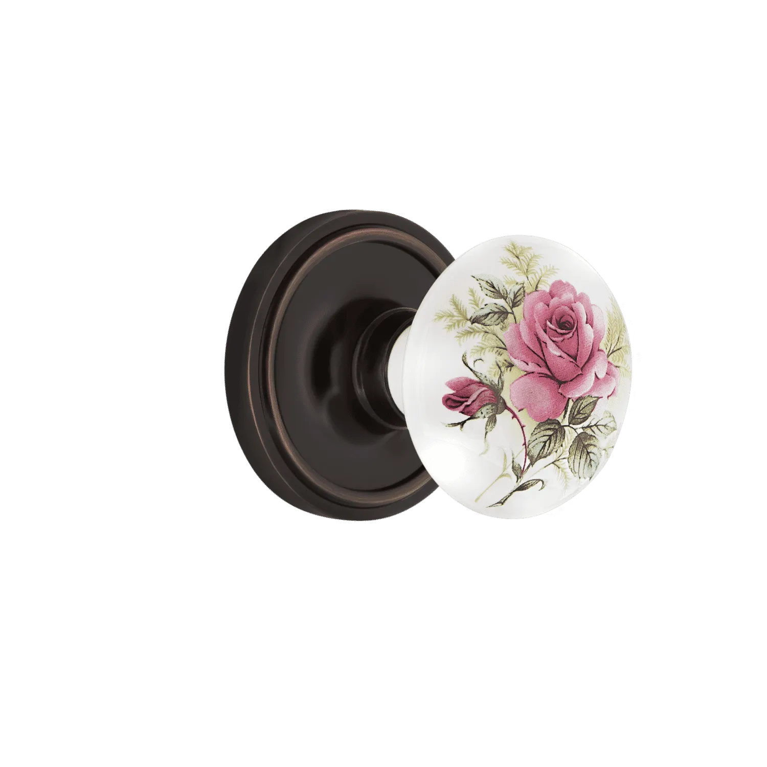 Classic Rosette with White Rose Porcelain Knob in Timeless Bronze