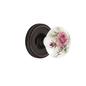 Classic Rosette with White Rose Porcelain Knob in Timeless Bronze