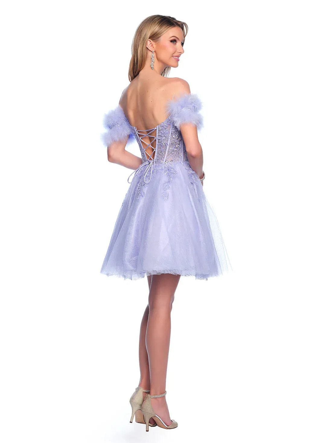 Dave & Johnny 11775 Shimmer Lace A Line Feather Homecoming Dress off the shoulder Cocktail Gown