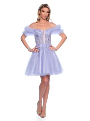 Dave & Johnny 11775 Shimmer Lace A Line Feather Homecoming Dress off the shoulder Cocktail Gown