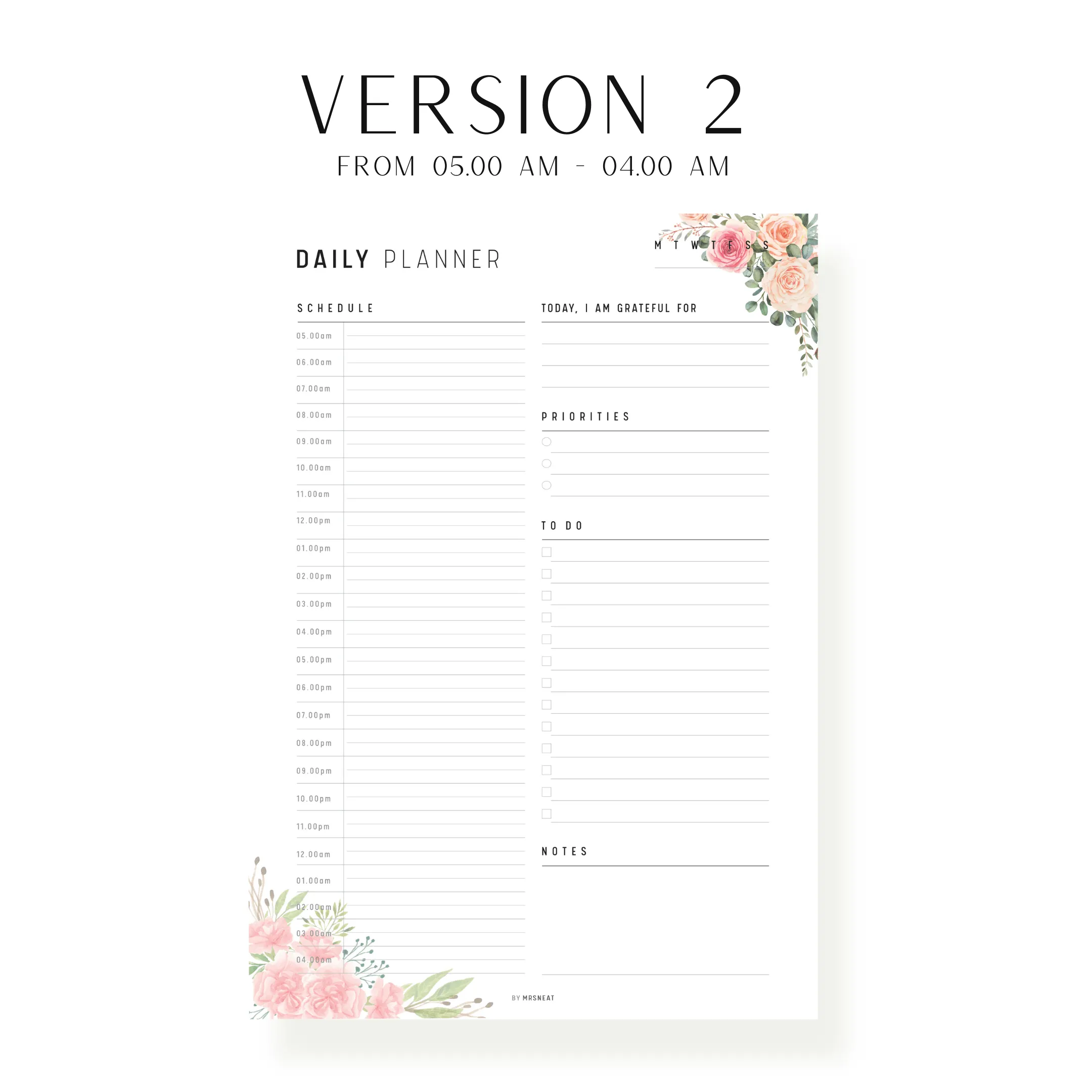 Floral 24 Hour Daily Planner Printable - M202