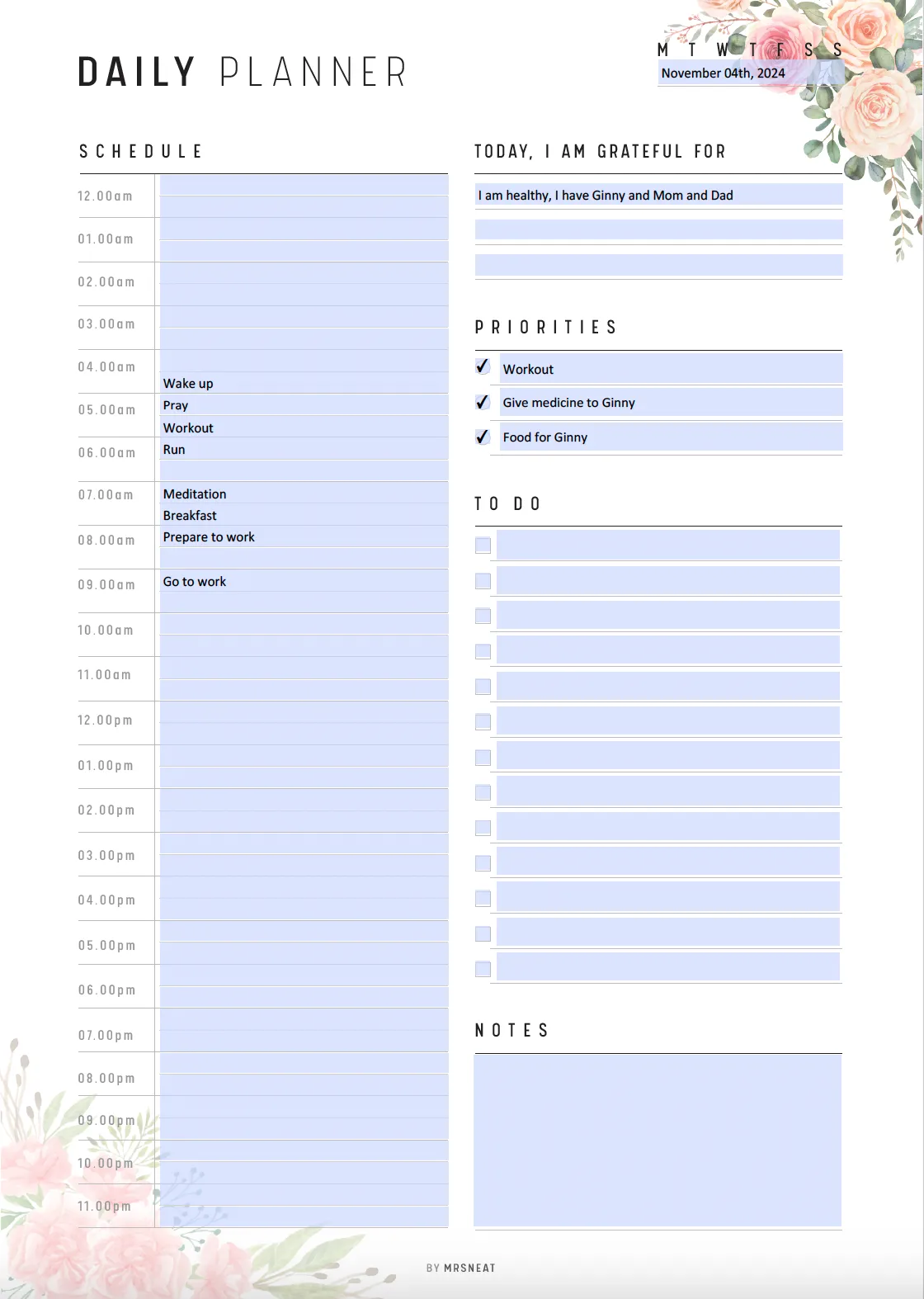 Floral 24 Hour Daily Planner Printable - M202