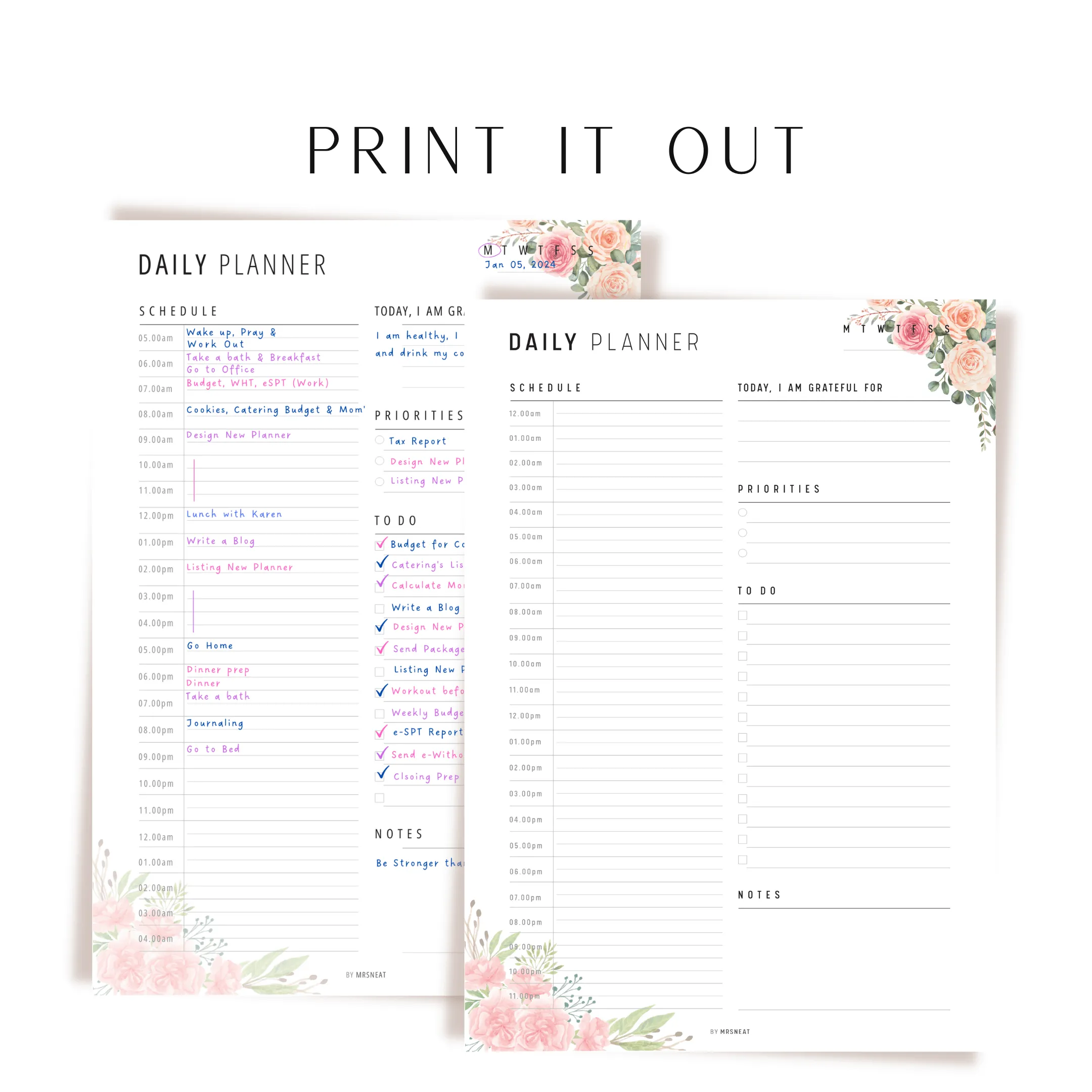 Floral 24 Hour Daily Planner Printable - M202