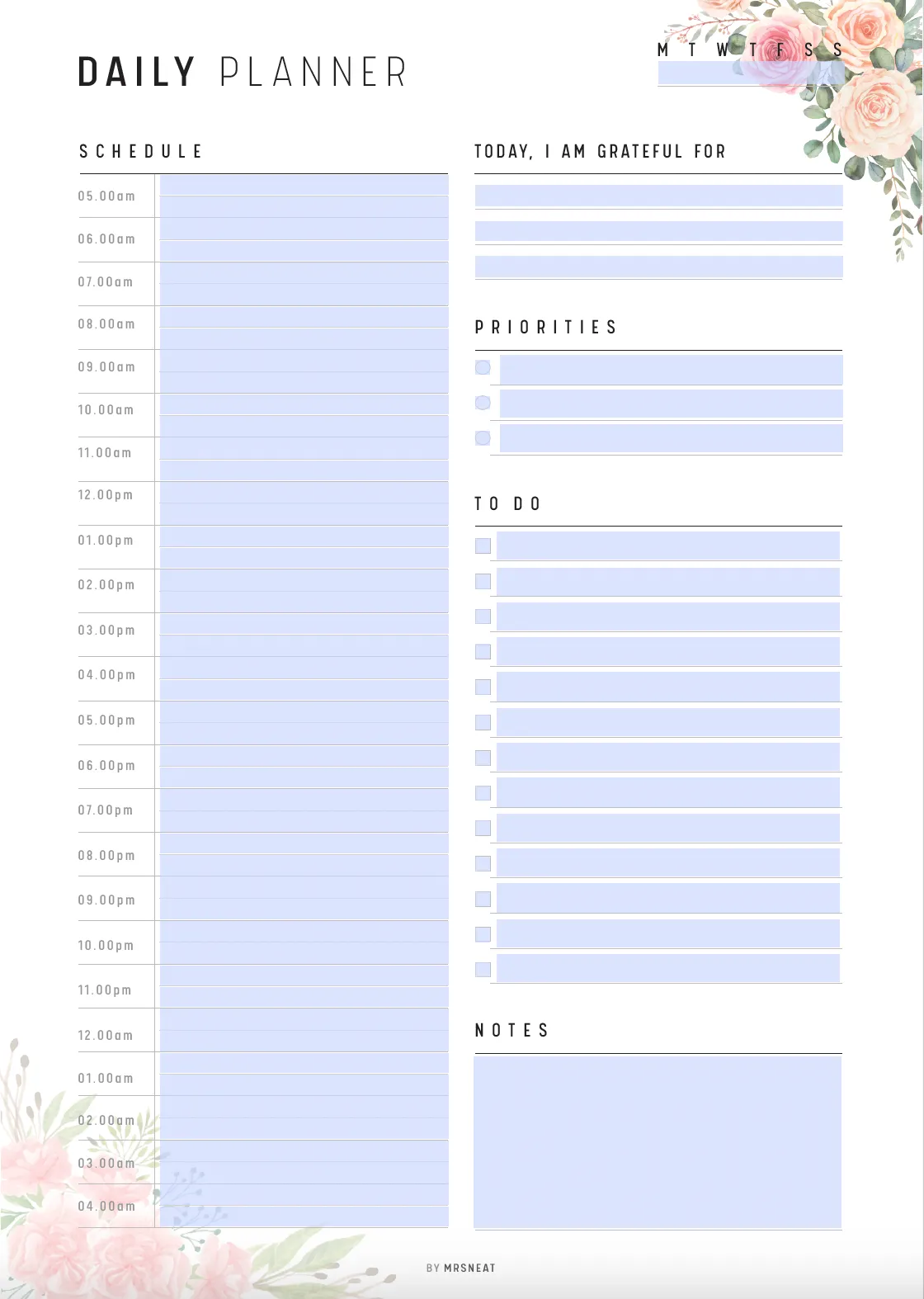 Floral 24 Hour Daily Planner Printable - M202