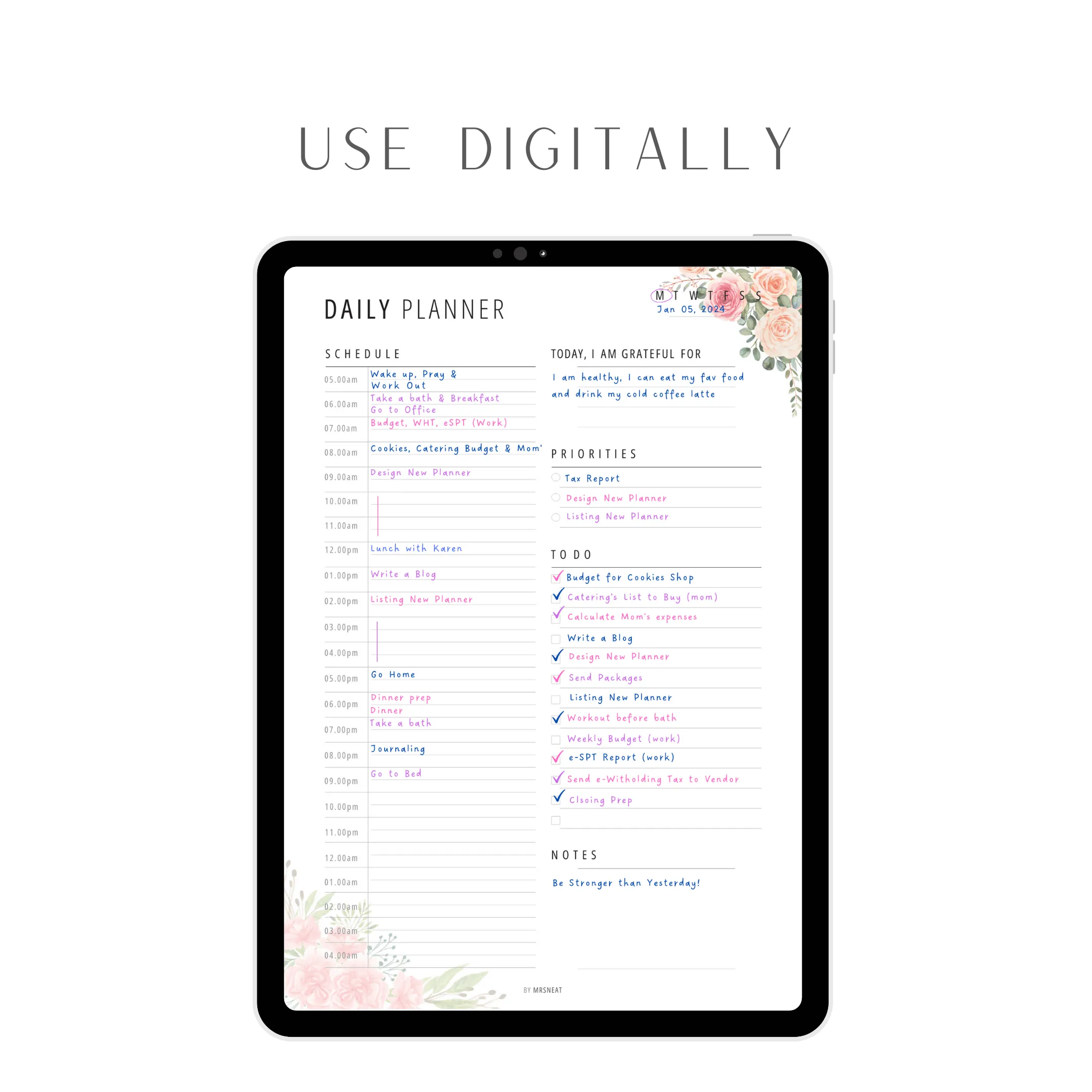 Floral 24 Hour Daily Planner Printable - M202