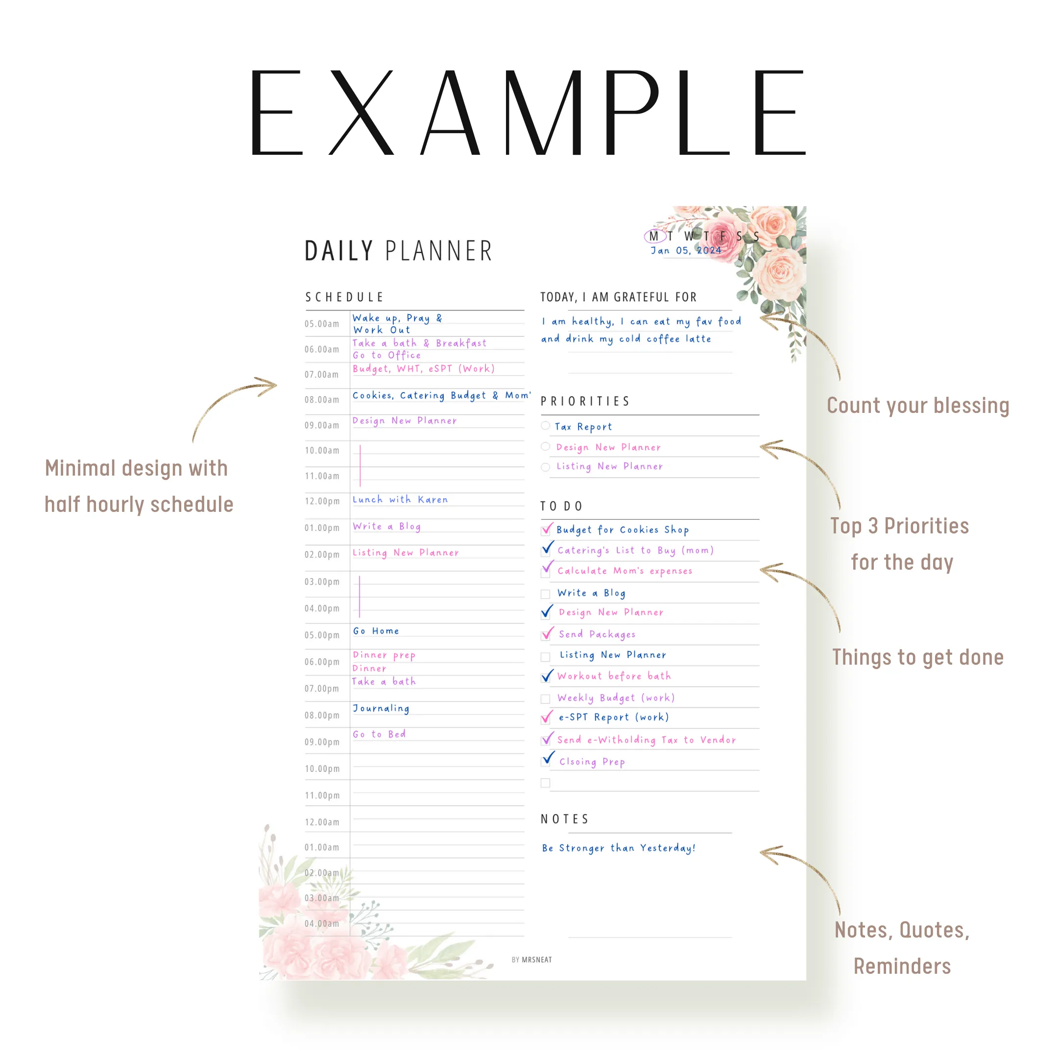 Floral 24 Hour Daily Planner Printable - M202