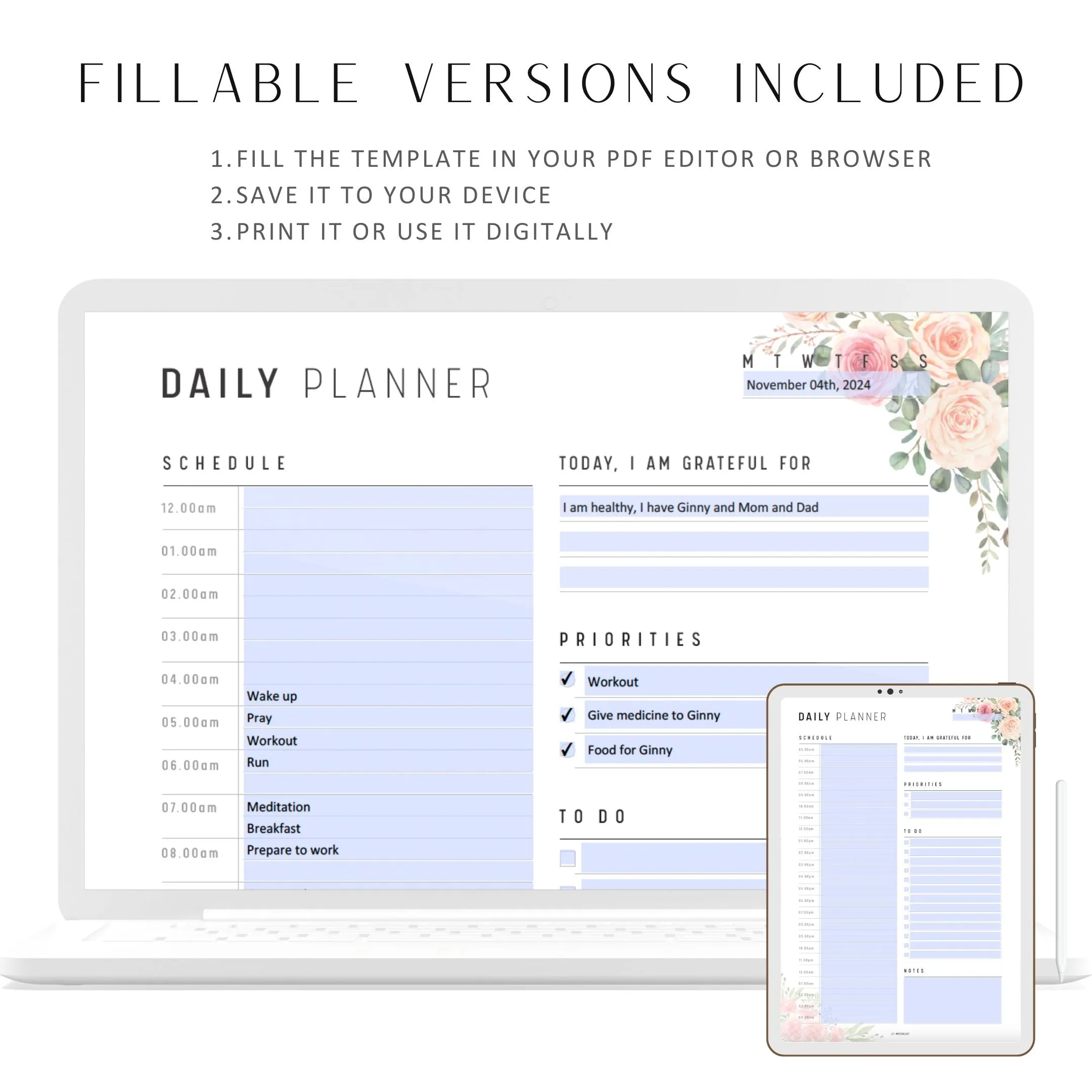 Floral 24 Hour Daily Planner Printable - M202