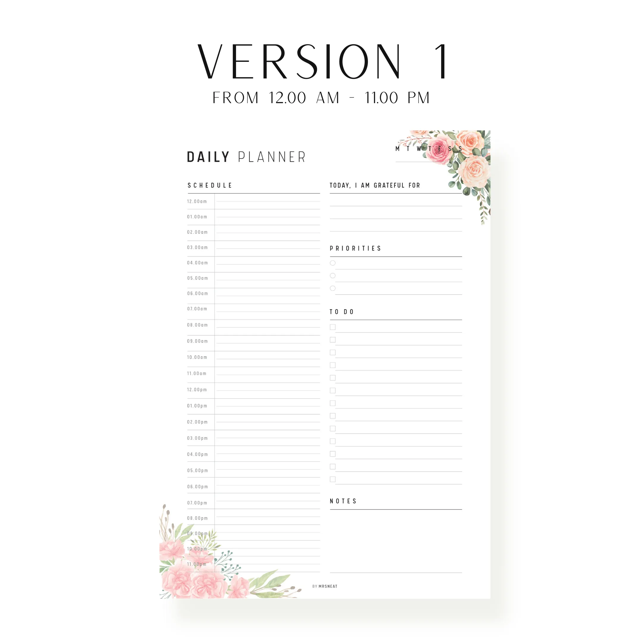 Floral 24 Hour Daily Planner Printable - M202