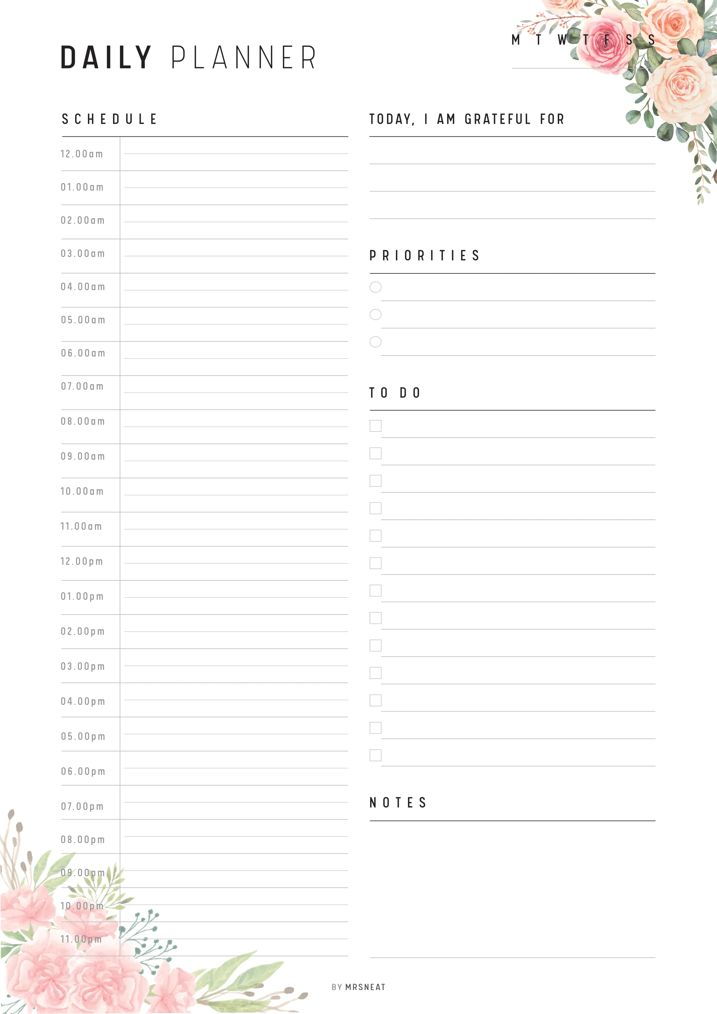Floral 24 Hour Daily Planner Printable - M202