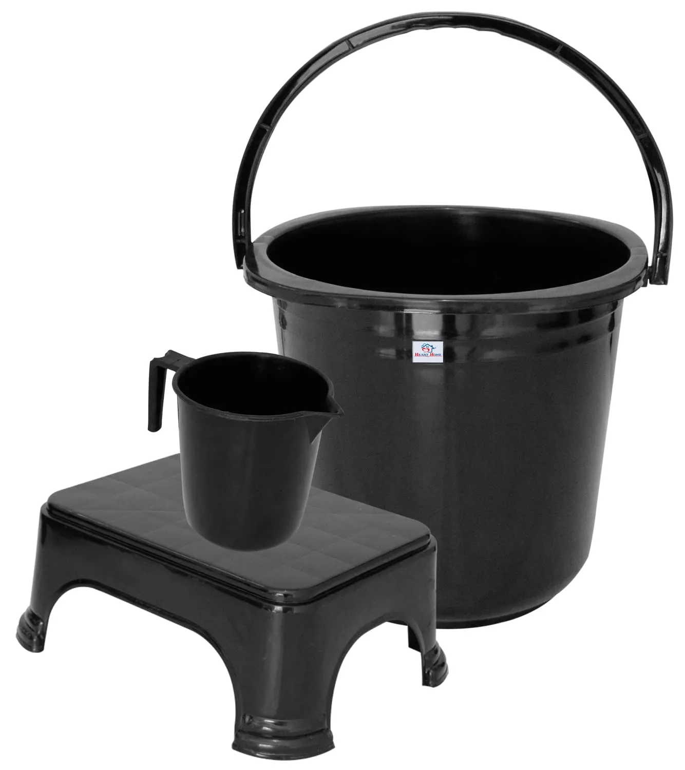 Heart Home 3 Pieces Plastic Bucket, Mug & Stool Set (Black)