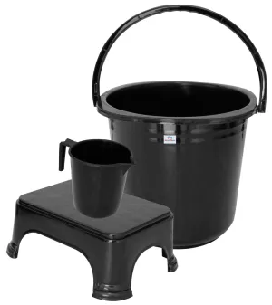 Heart Home 3 Pieces Plastic Bucket, Mug & Stool Set (Black)