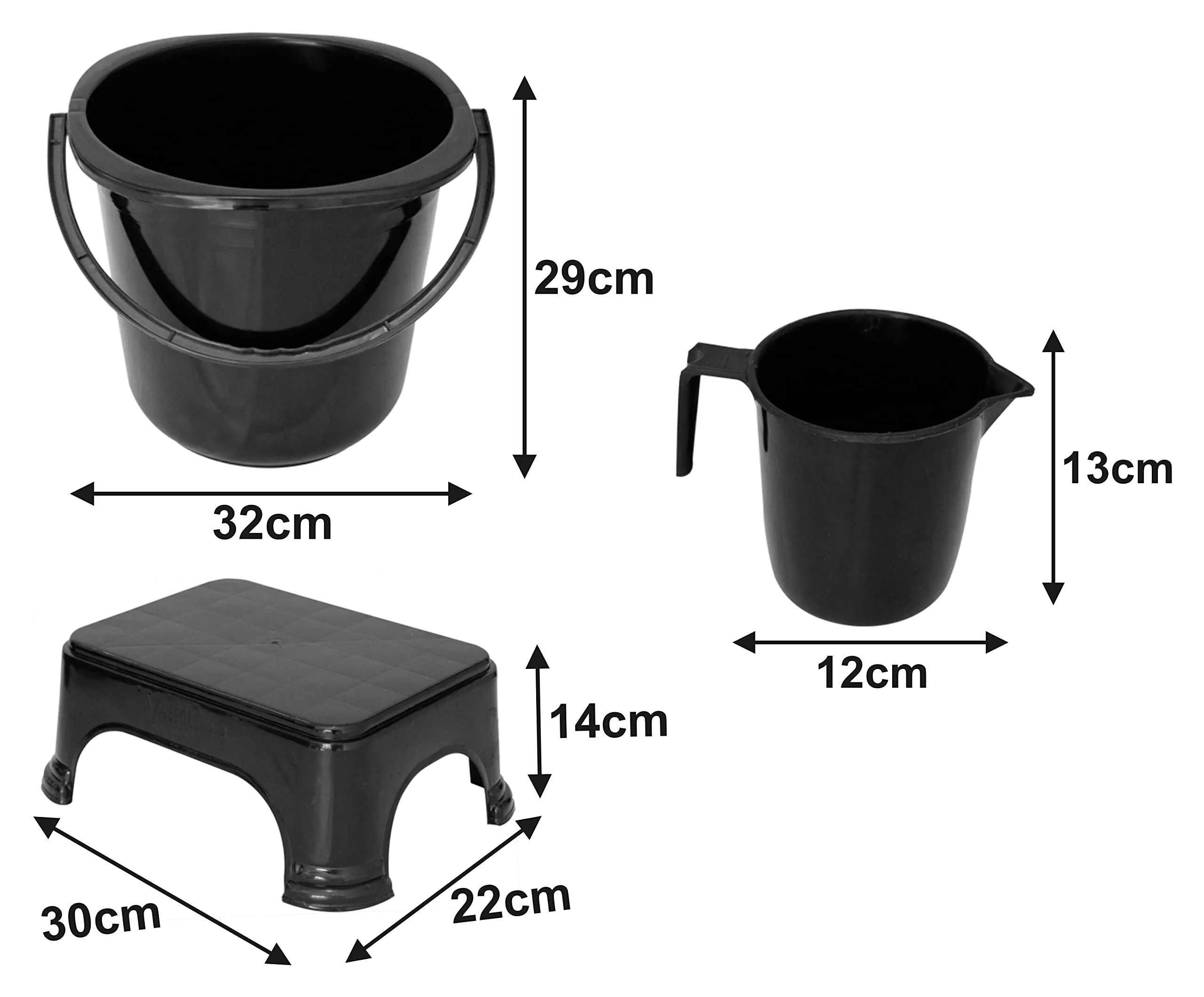 Heart Home 3 Pieces Plastic Bucket, Mug & Stool Set (Black)