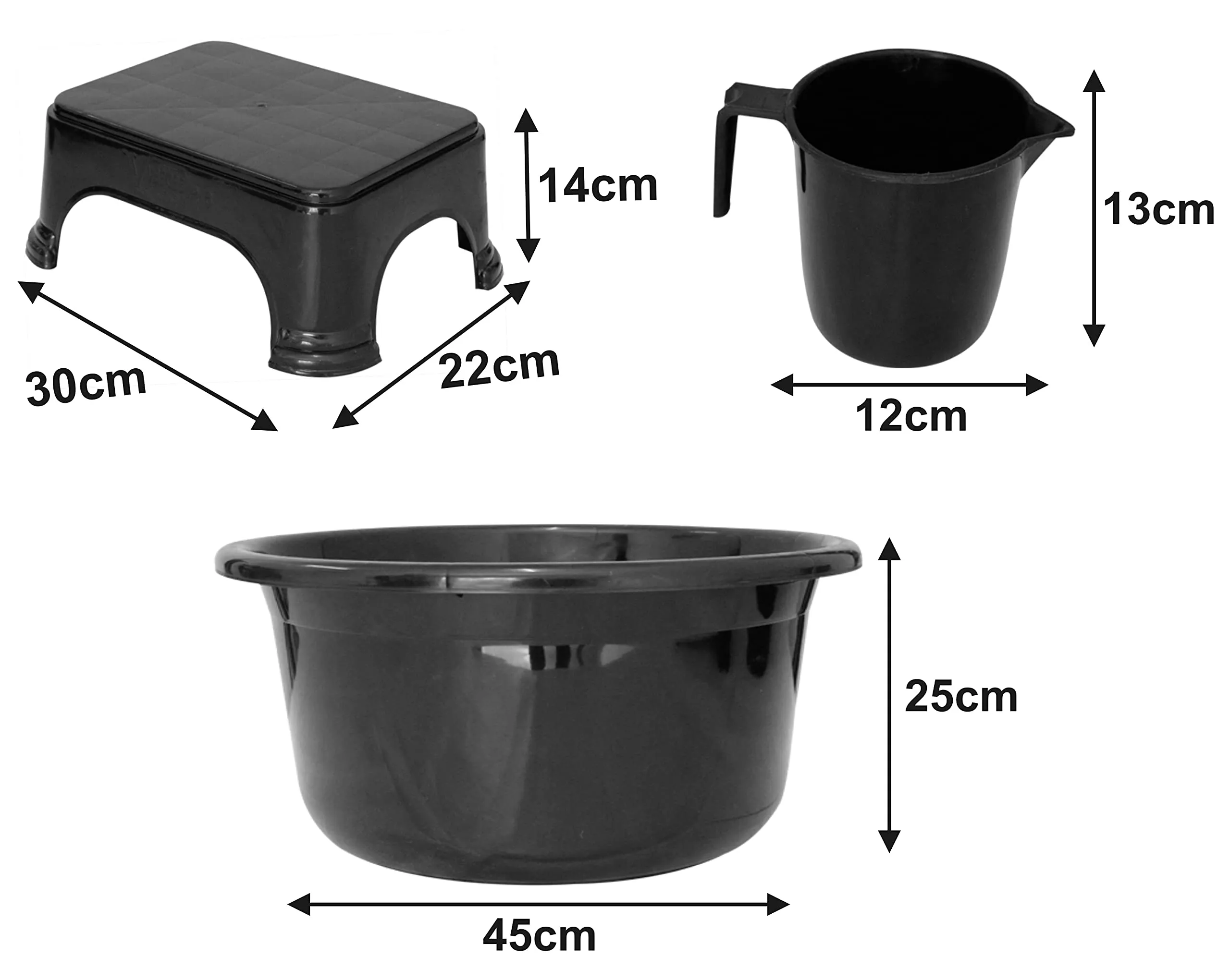 Heart Home 3 Pieces Unbreakable Virgin Plastic Multipurpose Mug, Tub & Stool Set (Black)