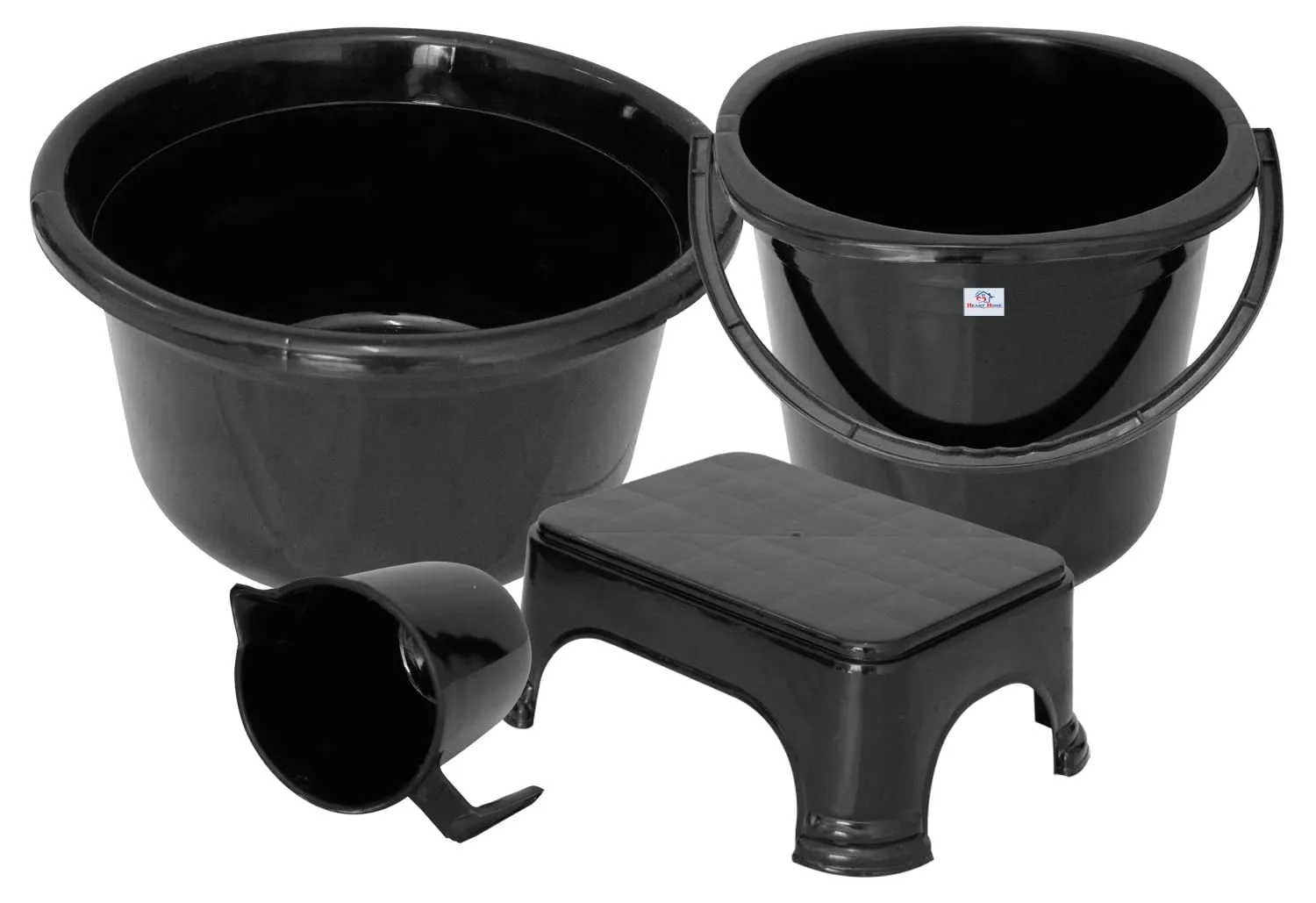 Heart Home 4 Pieces Plastic Bucket, Stool, Mug & Tub Set (Black)