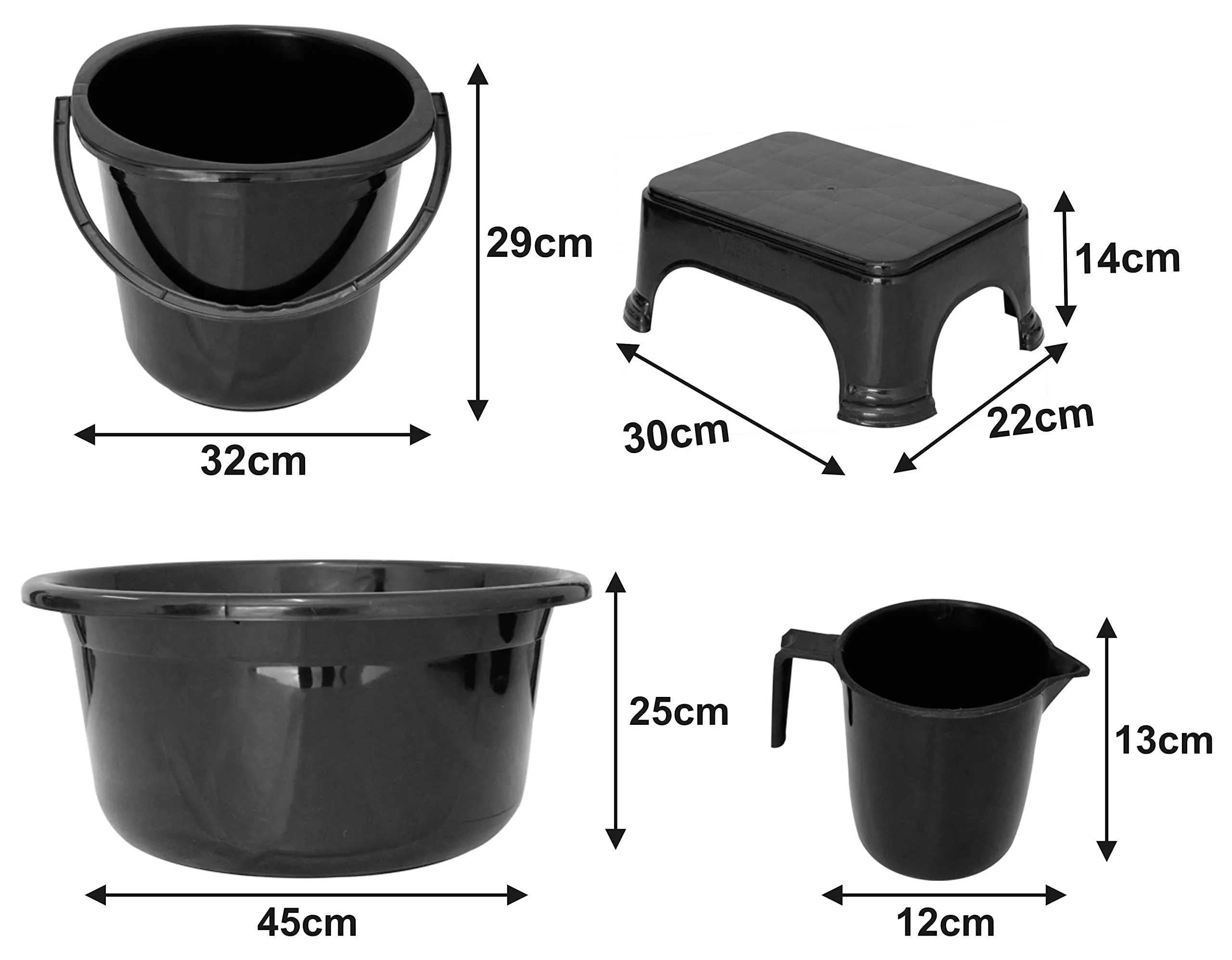 Heart Home 4 Pieces Plastic Bucket, Stool, Mug & Tub Set (Black)