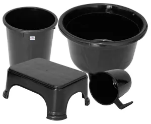 Heart Home 4 Pieces Plastic Mug, Stool, Dustbin & Tub Set (Black)