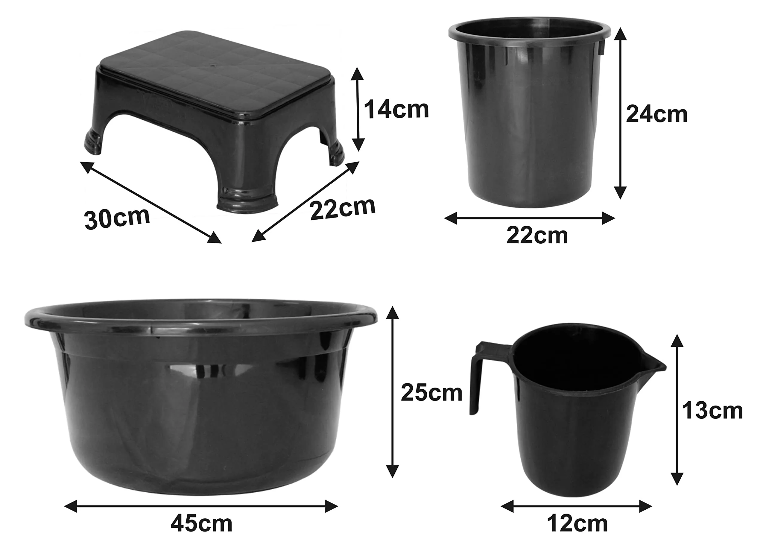 Heart Home 4 Pieces Plastic Mug, Stool, Dustbin & Tub Set (Black)