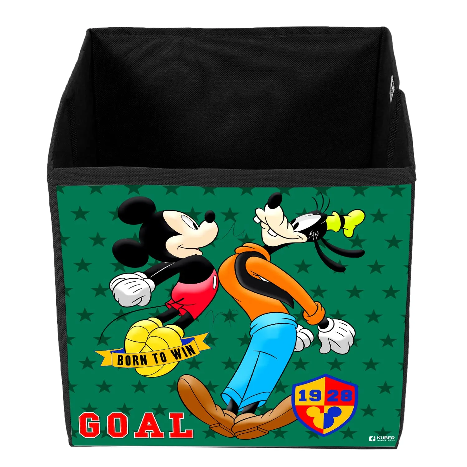Heart Home Disney Mickey & Goofy Print Durable & Collapsible Square Storage Box|Clothes Organizer With Handle, (Black)