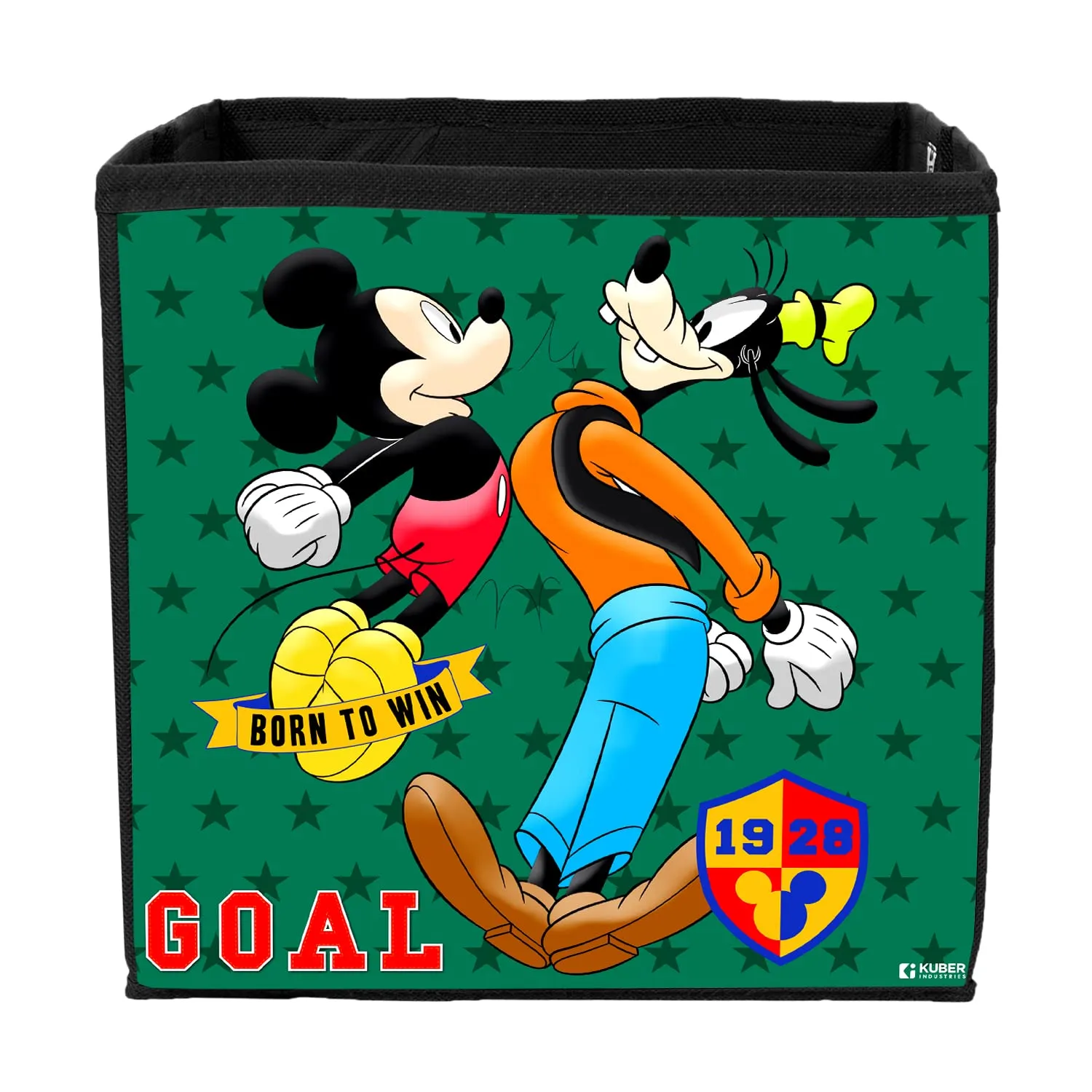 Heart Home Disney Mickey & Goofy Print Durable & Collapsible Square Storage Box|Clothes Organizer With Handle, (Black)