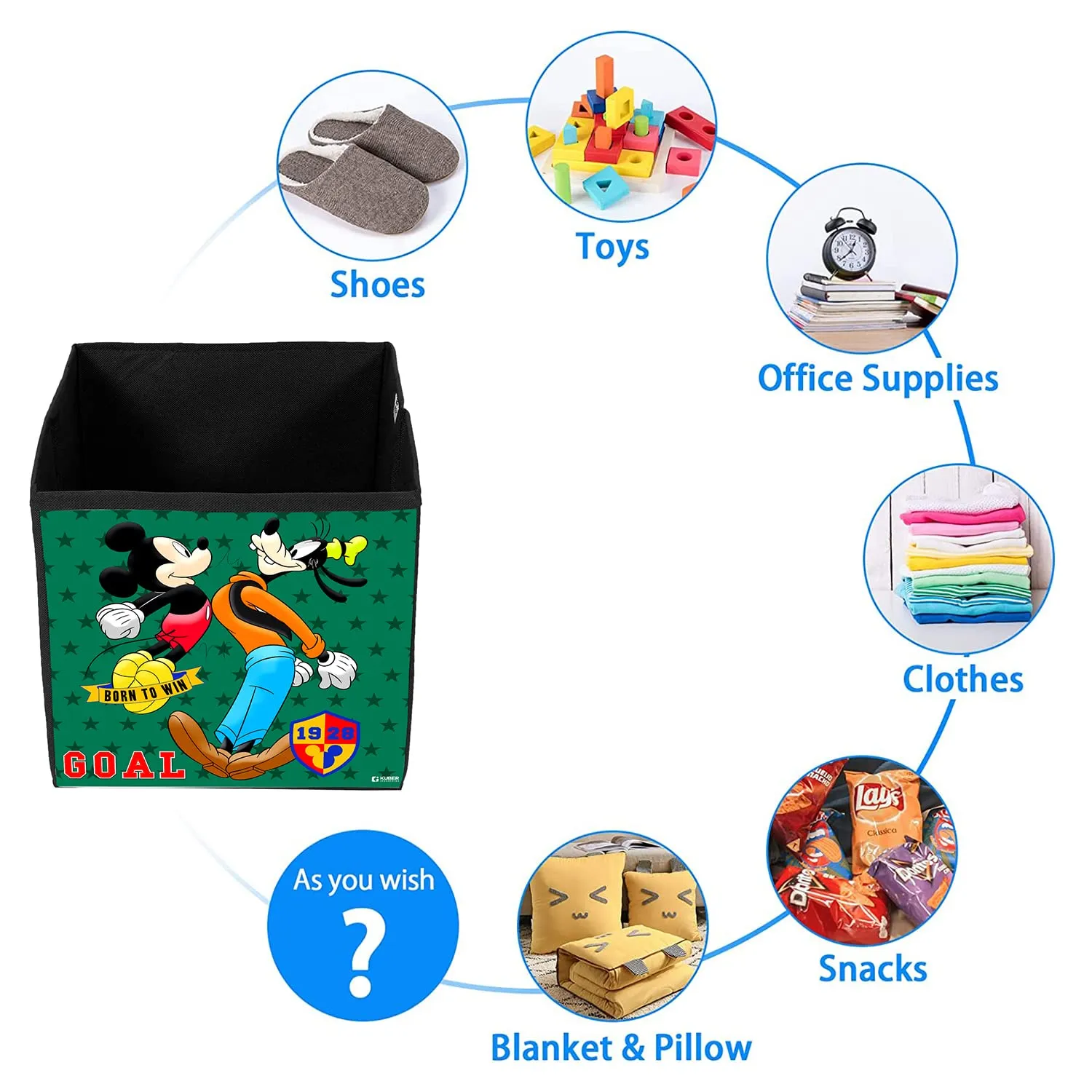 Heart Home Disney Mickey & Goofy Print Durable & Collapsible Square Storage Box|Clothes Organizer With Handle, (Black)