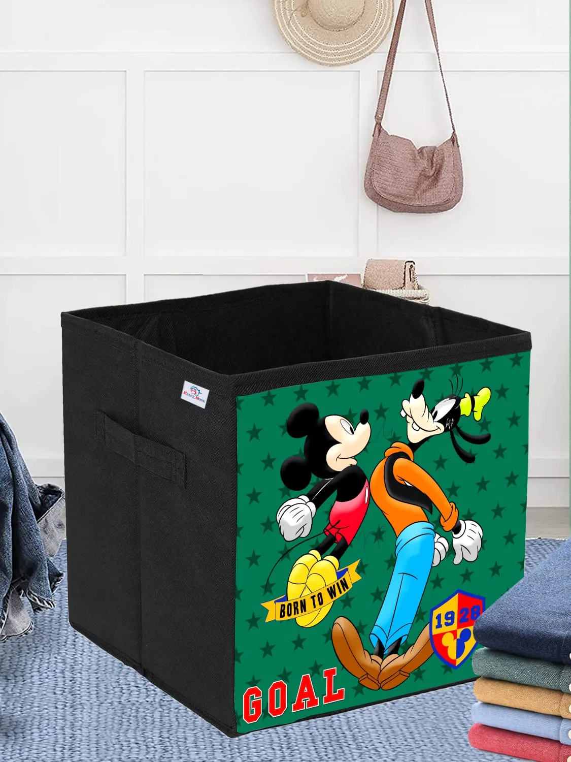 Heart Home Disney Mickey & Goofy Print Durable & Collapsible Square Storage Box|Clothes Organizer With Handle, (Black)
