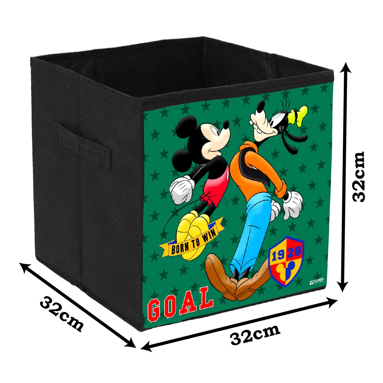 Heart Home Disney Mickey & Goofy Print Durable & Collapsible Square Storage Box|Clothes Organizer With Handle, (Black)