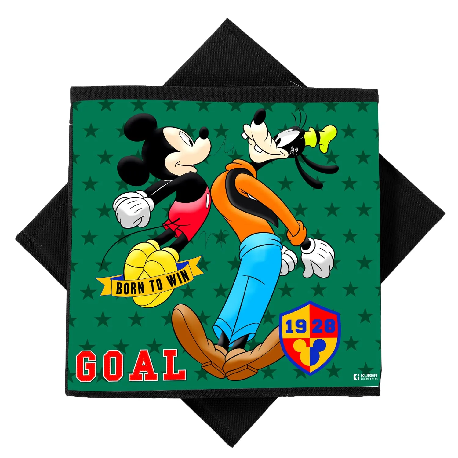 Heart Home Disney Mickey & Goofy Print Durable & Collapsible Square Storage Box|Clothes Organizer With Handle, (Black)