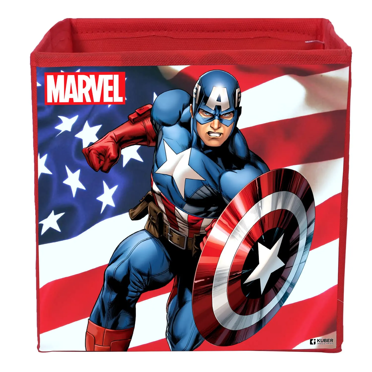 Kuber Industries Marvel Captain America Print Durable & Collapsible Square Storage Box|Clothes Organizer With Handle,Pack of 4 (Red)