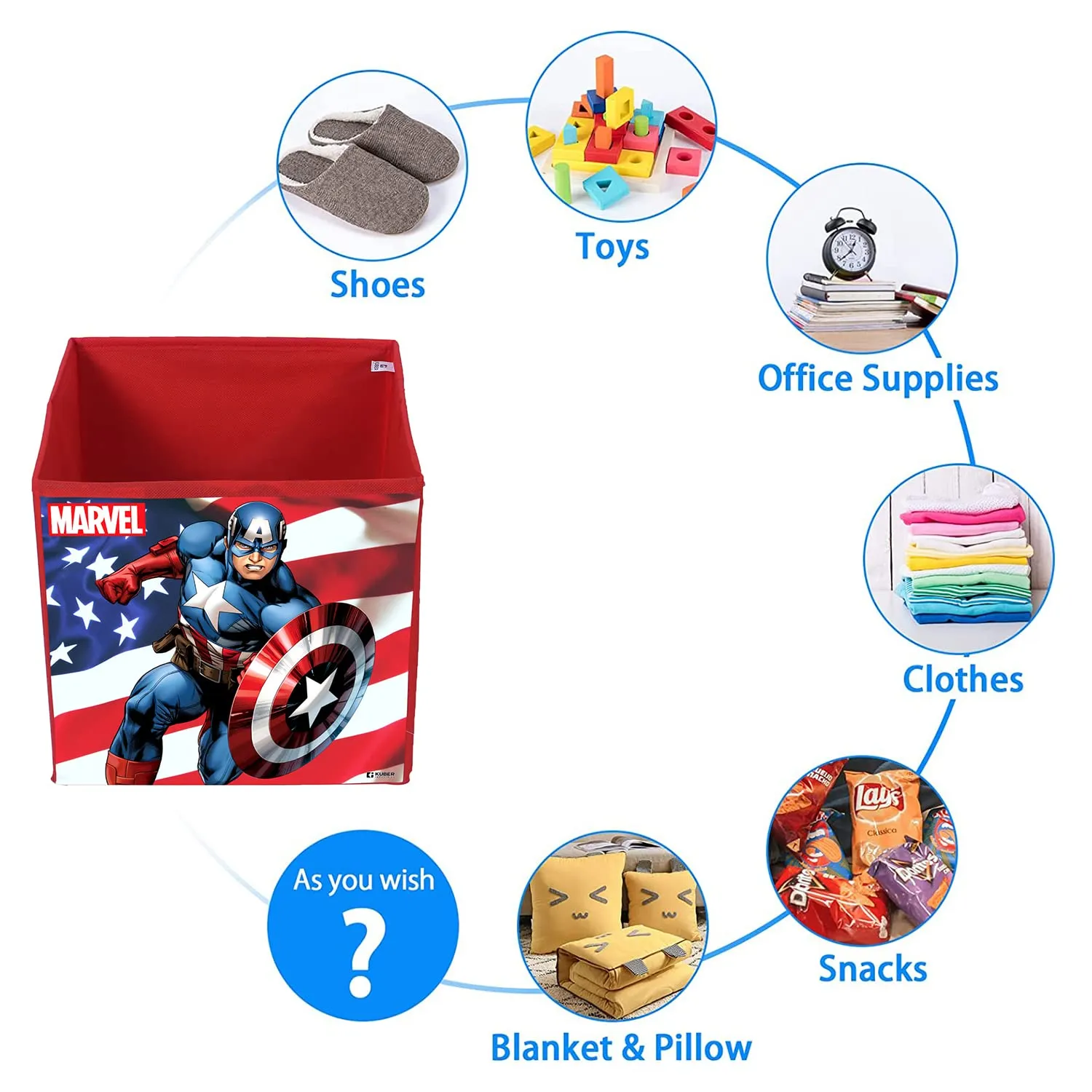 Kuber Industries Marvel Captain America Print Durable & Collapsible Square Storage Box|Clothes Organizer With Handle,Pack of 4 (Red)