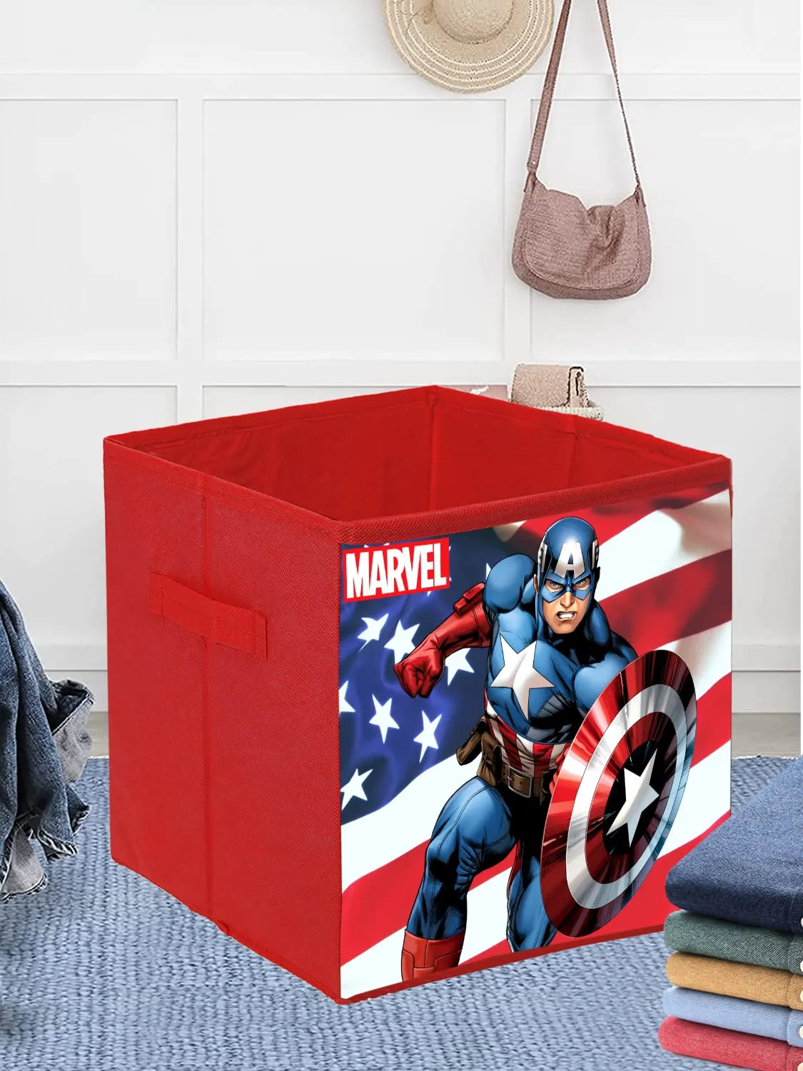 Kuber Industries Marvel Captain America Print Durable & Collapsible Square Storage Box|Clothes Organizer With Handle,Pack of 4 (Red)